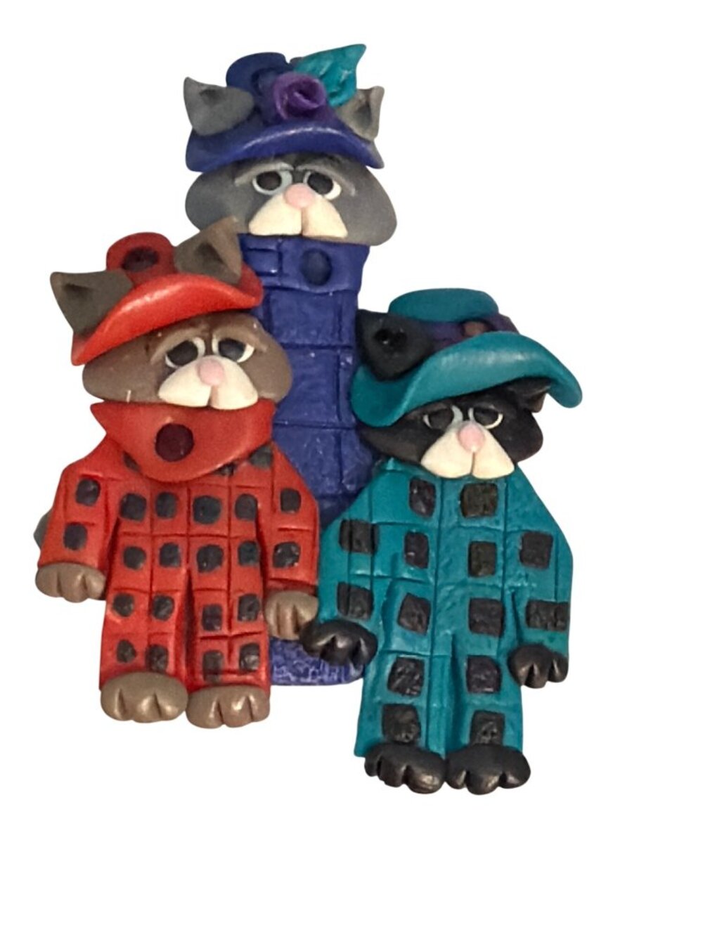 Vintage 80s Polymer Clay 3 Cat Brooch Pin Coats Hats Artisan Detailed 2" Estate